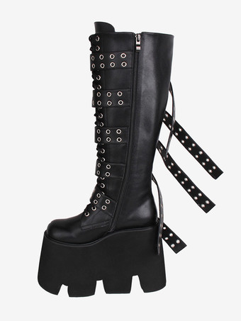 ゴスロリブーツ ブラック PU ラウンドトゥ PU レザー ロリータ靴