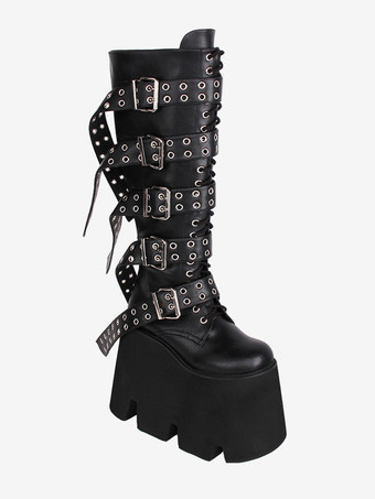 ゴスロリブーツ ブラック PU ラウンドトゥ PU レザー ロリータ靴