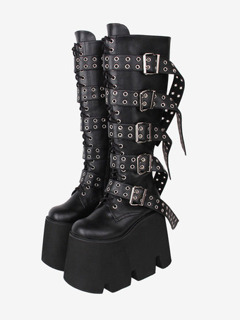 ブラック ゴスロリブーツ ブラック PU ラウンドトゥ PU レザー ロリータ靴