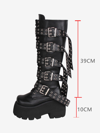 ゴスロリブーツ PU レザー PU ラウンドトゥ ブラック ロリータ靴