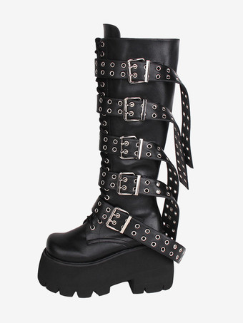 ゴスロリブーツ PU レザー PU ラウンドトゥ ブラック ロリータ靴