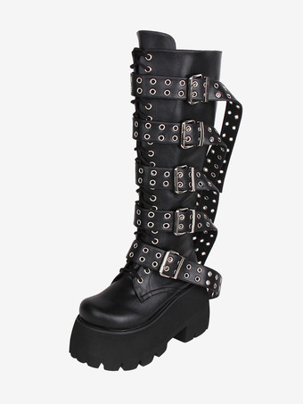 ゴスロリブーツ PU レザー PU ラウンドトゥ ブラック ロリータ靴