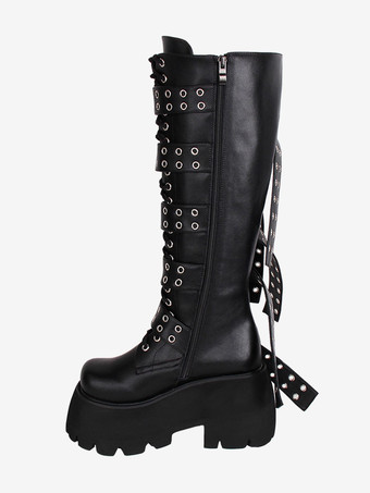 ゴスロリブーツ PU レザー PU ラウンドトゥ ブラック ロリータ靴