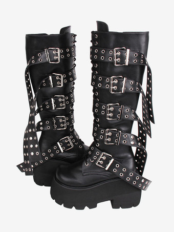 ゴスロリブーツ PU レザー PU ラウンドトゥ ブラック ロリータ靴