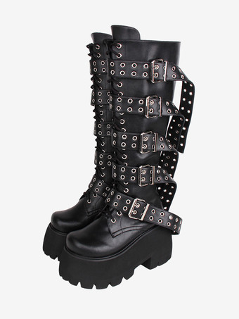 ブラック ゴスロリブーツ PU レザー PU ラウンドトゥ ブラック ロリータ靴