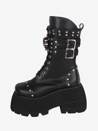 ゴスロリブーツ PU レザー PU ラウンドトゥ ブラック ロリータ靴