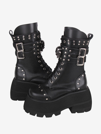 ゴスロリブーツ PU レザー PU ラウンドトゥ ブラック ロリータ靴