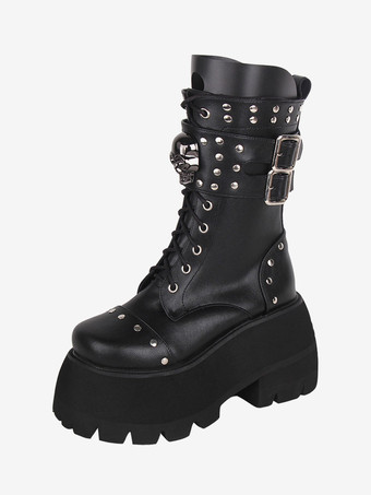 ゴスロリブーツ PU レザー PU ラウンドトゥ ブラック ロリータ靴