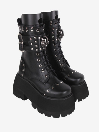 ゴスロリブーツ PU レザー PU ラウンドトゥ ブラック ロリータ靴