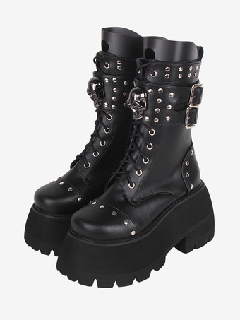 ブラック ゴスロリブーツ PU レザー PU ラウンドトゥ ブラック ロリータ靴