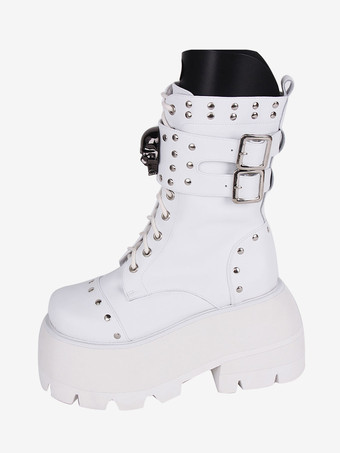 ホワイト ゴスロリブーツ PU レザー PU ラウンドトゥ ブラック ロリータ靴