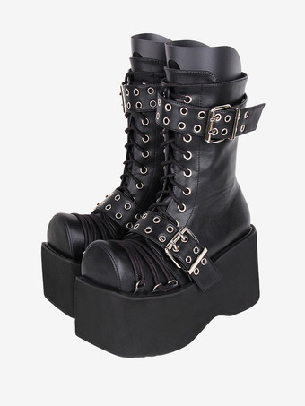 ゴスロリブーツ PU レザー PU ラウンドトゥ バーガンディ ロリータ靴