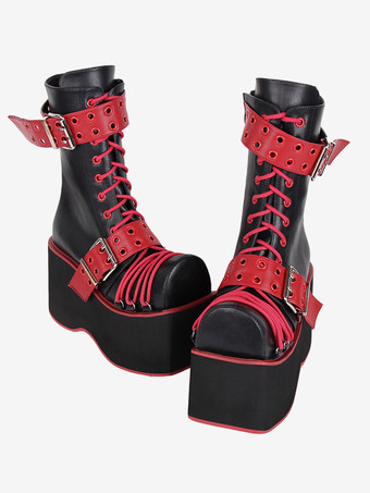 ゴスロリブーツ PU レザー PU ラウンドトゥ バーガンディ ロリータ靴