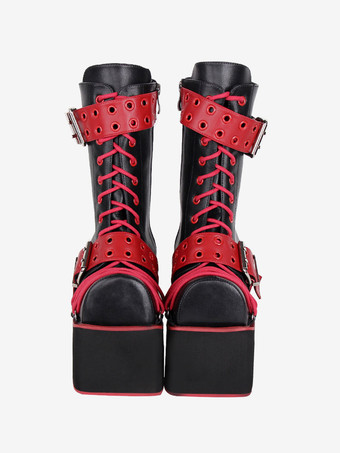 ゴスロリブーツ PU レザー PU ラウンドトゥ バーガンディ ロリータ靴