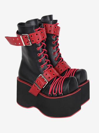 ゴスロリブーツ PU レザー PU ラウンドトゥ バーガンディ ロリータ靴