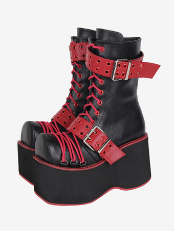 バーガンディーゴスロリブーツ PU レザー PU ラウンドトゥ バーガンディ ロリータ靴