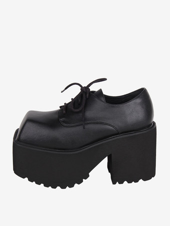 ゴスロリブーツ ブラック PU ラウンドトゥ PU レザー ロリータ靴