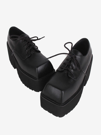 ゴスロリブーツ ブラック PU ラウンドトゥ PU レザー ロリータ靴