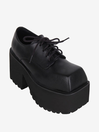 ゴスロリブーツ ブラック PU ラウンドトゥ PU レザー ロリータ靴