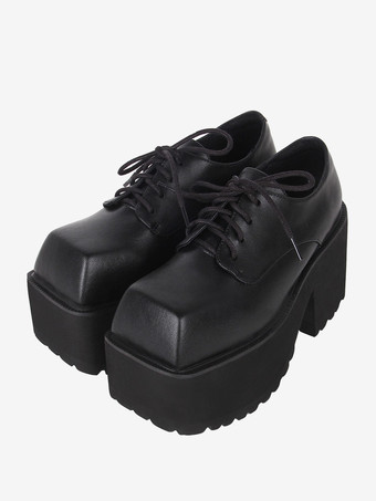 ブラック ゴスロリブーツ ブラック PU ラウンドトゥ PU レザー ロリータ靴