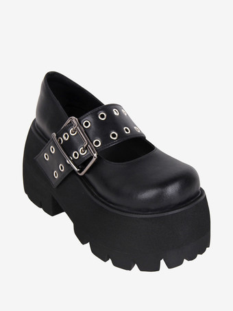 ゴスロリブーツ PU レザー PU ラウンドトゥ ブラック ロリータ靴