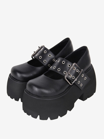 ブラック ゴスロリブーツ PU レザー PU ラウンドトゥ ブラック ロリータ靴