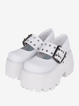 ホワイト ゴスロリブーツ PU レザー PU ラウンドトゥ ブラック ロリータ靴