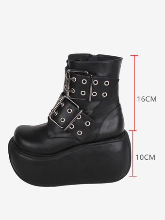 ゴスロリブーツ ブラック PU ラウンドトゥ PU レザー ロリータ靴