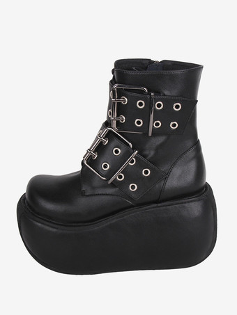 ゴスロリブーツ ブラック PU ラウンドトゥ PU レザー ロリータ靴