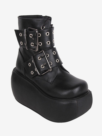 ゴスロリブーツ ブラック PU ラウンドトゥ PU レザー ロリータ靴