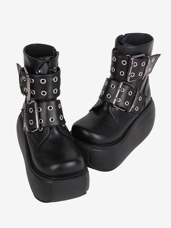 ブラック ゴスロリブーツ ブラック PU ラウンドトゥ PU レザー ロリータ靴