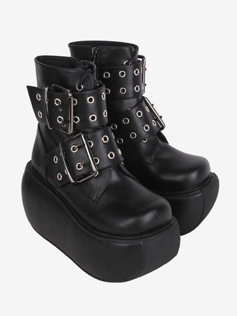 ゴスロリブーツ ブラック PU ラウンドトゥ PU レザー ロリータ靴