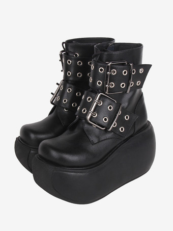 ゴスロリブーツ ブラック PU ラウンドトゥ PU レザー ロリータ靴