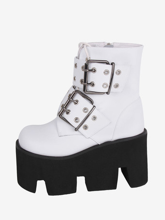 ゴスロリブーツ PU レザー PU ラウンドトゥ ホワイト ロリータ靴