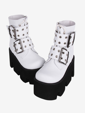 ゴスロリブーツ PU レザー PU ラウンドトゥ ホワイト ロリータ靴