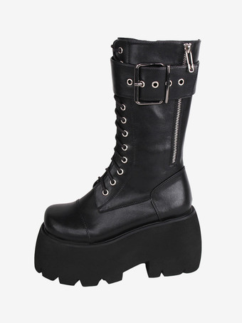 ゴスロリブーツ PU レザー PU ラウンドトゥ ブラック ロリータ靴