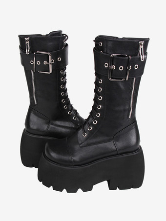 ゴスロリブーツ PU レザー PU ラウンドトゥ ブラック ロリータ靴