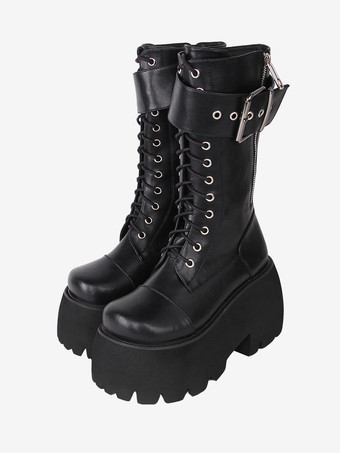 ゴスロリブーツ PU レザー PU ラウンドトゥ ブラック ロリータ靴