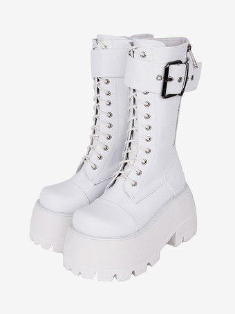 ホワイト ゴスロリブーツ PU レザー PU ラウンドトゥ ブラック ロリータ靴