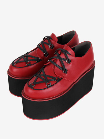 バーガンディーゴシックロリータ履物バーガンディレースアップラウンドトゥPUレザーロリータパンプス