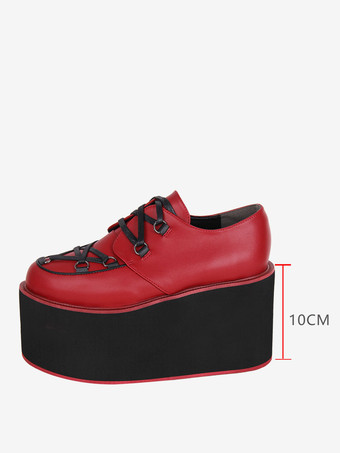 ゴシックロリータ履物バーガンディレースアップラウンドトゥPUレザーロリータパンプス