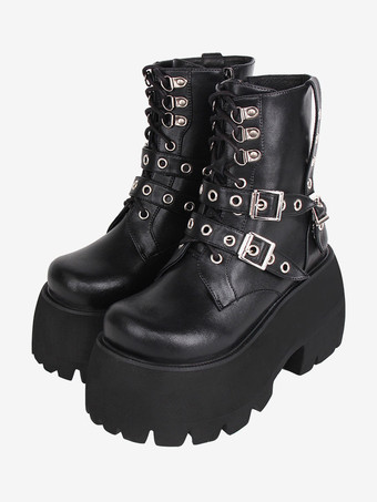 ブラック ゴスロリブーツ PU レザー PU ラウンドトゥ ブラック ロリータ靴