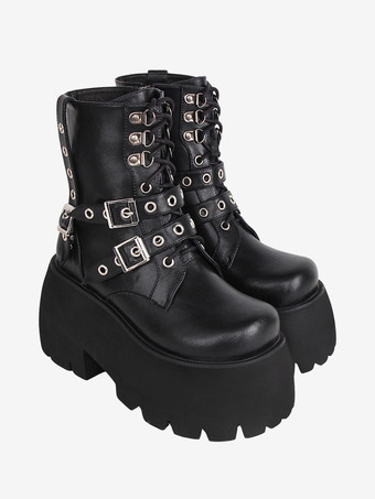 ゴスロリブーツ PU レザー PU ラウンドトゥ ブラック ロリータ靴