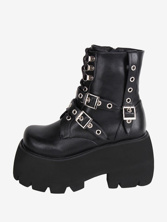 ゴスロリブーツ PU レザー PU ラウンドトゥ ブラック ロリータ靴