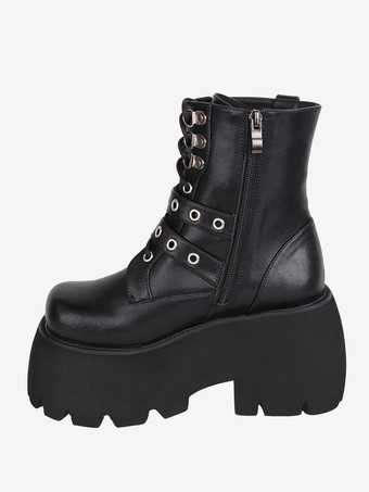 ゴスロリブーツ PU レザー PU ラウンドトゥ ブラック ロリータ靴