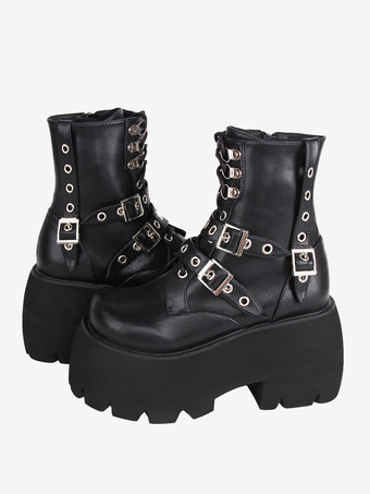 ゴスロリブーツ PU レザー PU ラウンドトゥ ブラック ロリータ靴