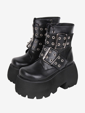 ゴスロリブーツ ブラック PU ラウンドトゥ PU レザー ロリータ靴