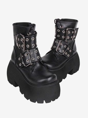 ゴスロリブーツ ブラック PU ラウンドトゥ PU レザー ロリータ靴