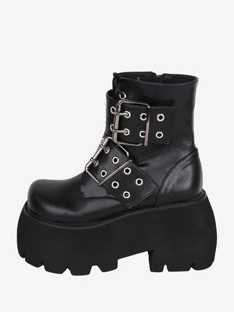 ゴスロリブーツ ブラック PU ラウンドトゥ PU レザー ロリータ靴