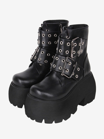 ブラック ゴスロリブーツ ブラック PU ラウンドトゥ PU レザー ロリータ靴